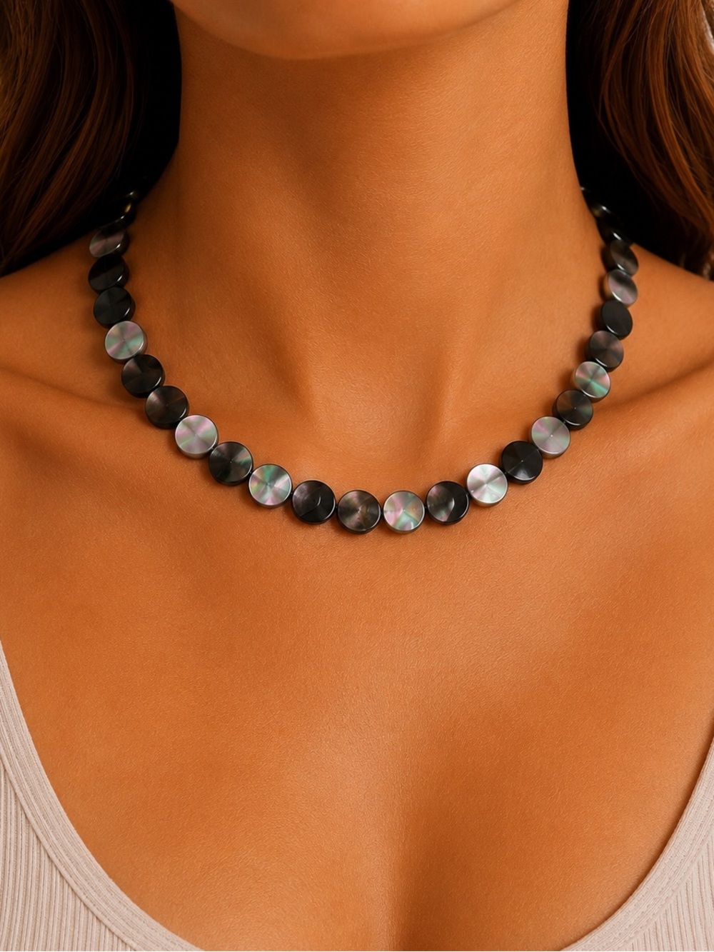 Black Shell Disk Beaded Necklace - Made to Order